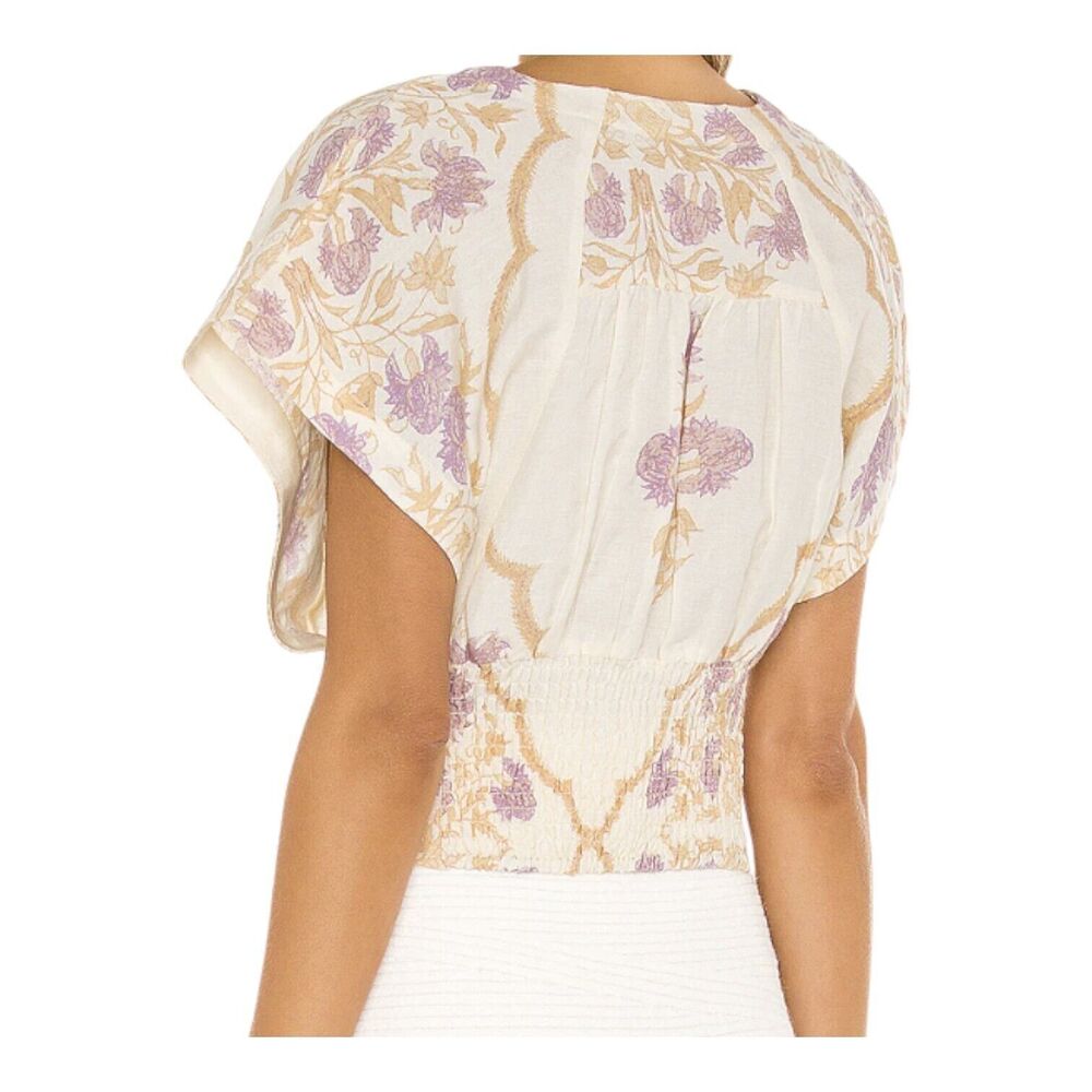 Free People Arielle Linen Blend Short Sleeve Ivory Purple Crop Top Bow Tie XS - Picture 3 of 16